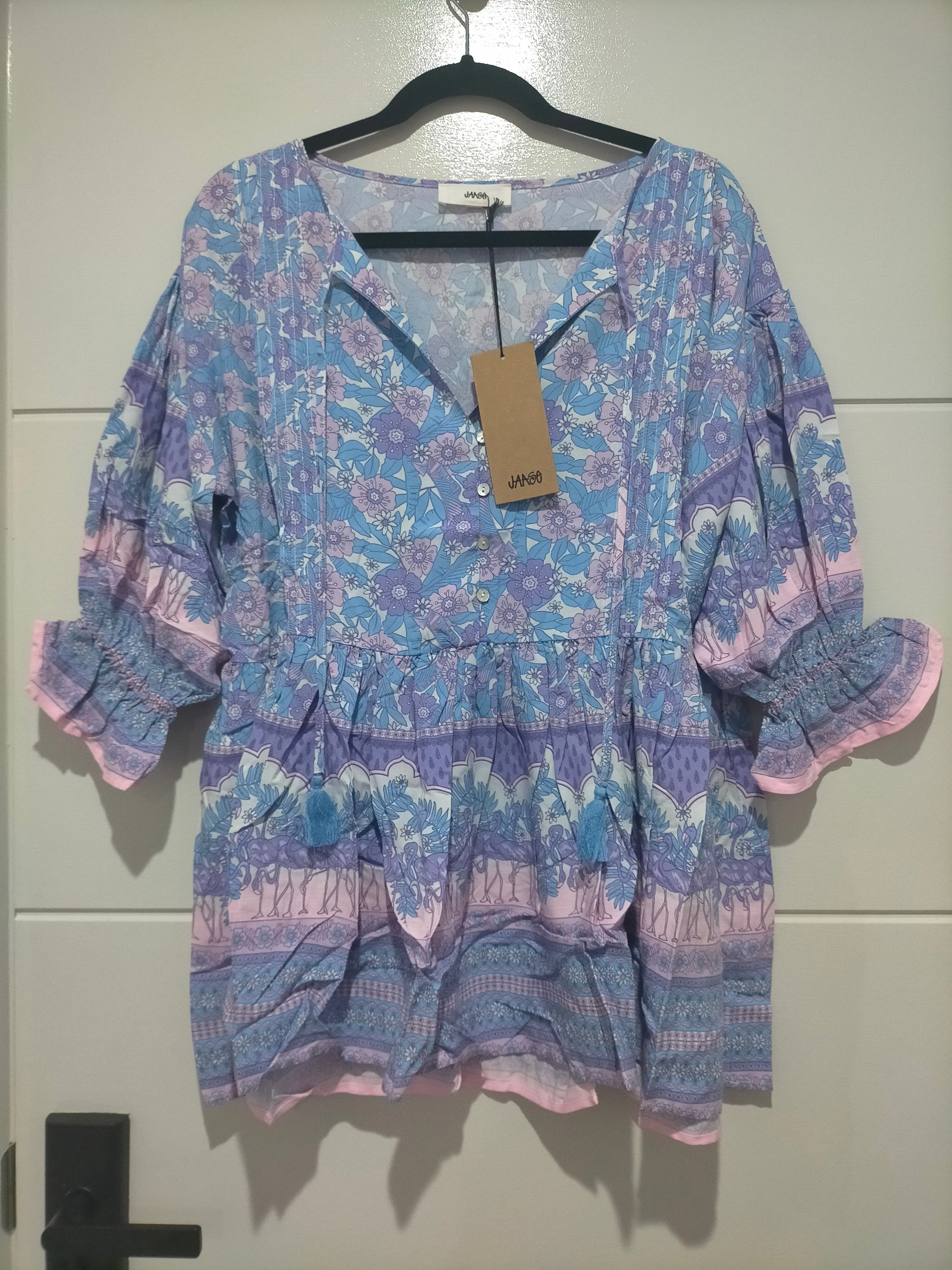 Pia Tunic Top Blue Flamingo Print