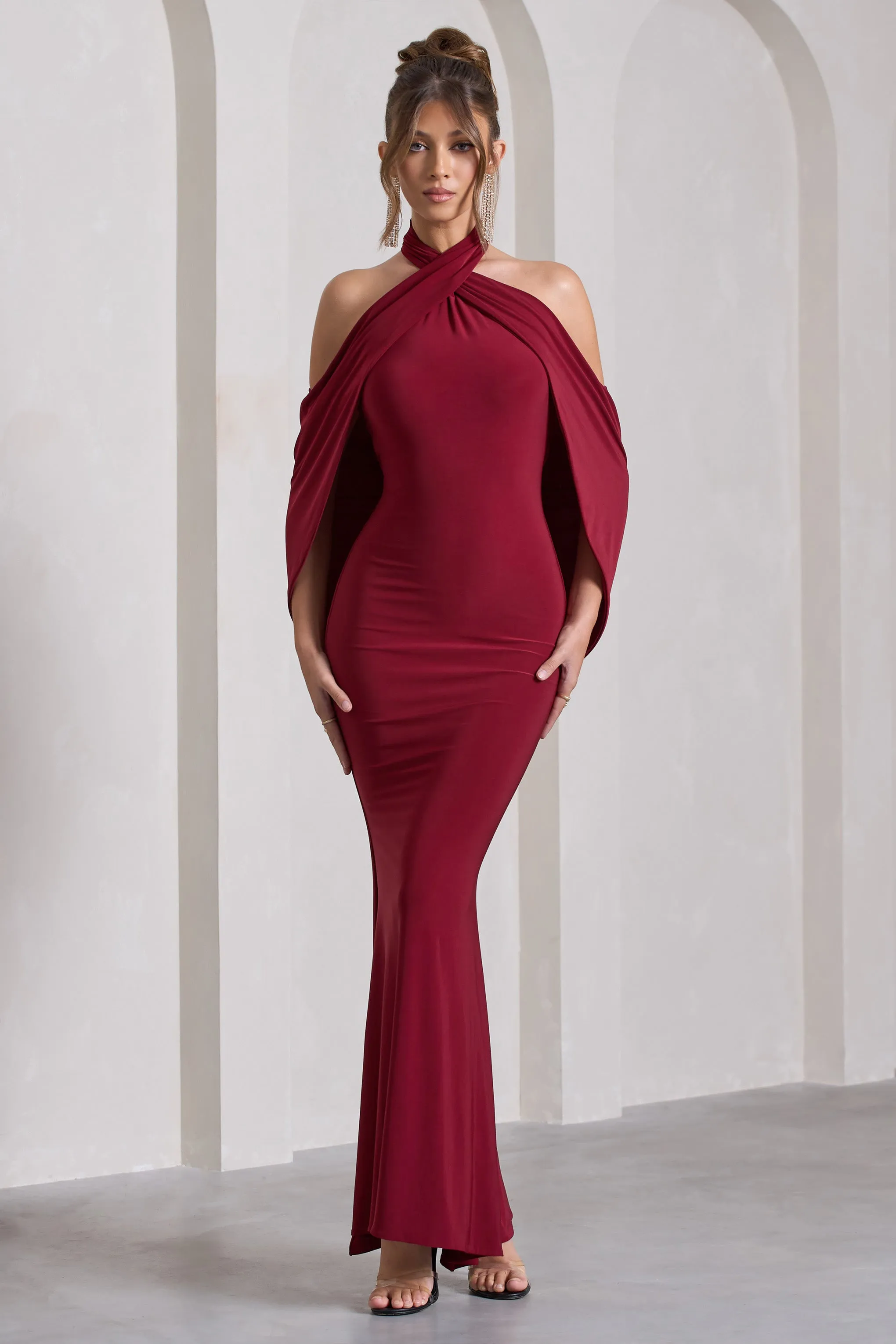 Revelation | Berry Red Crossed Halter-Neck Fishtail Maxi Dress With Cape