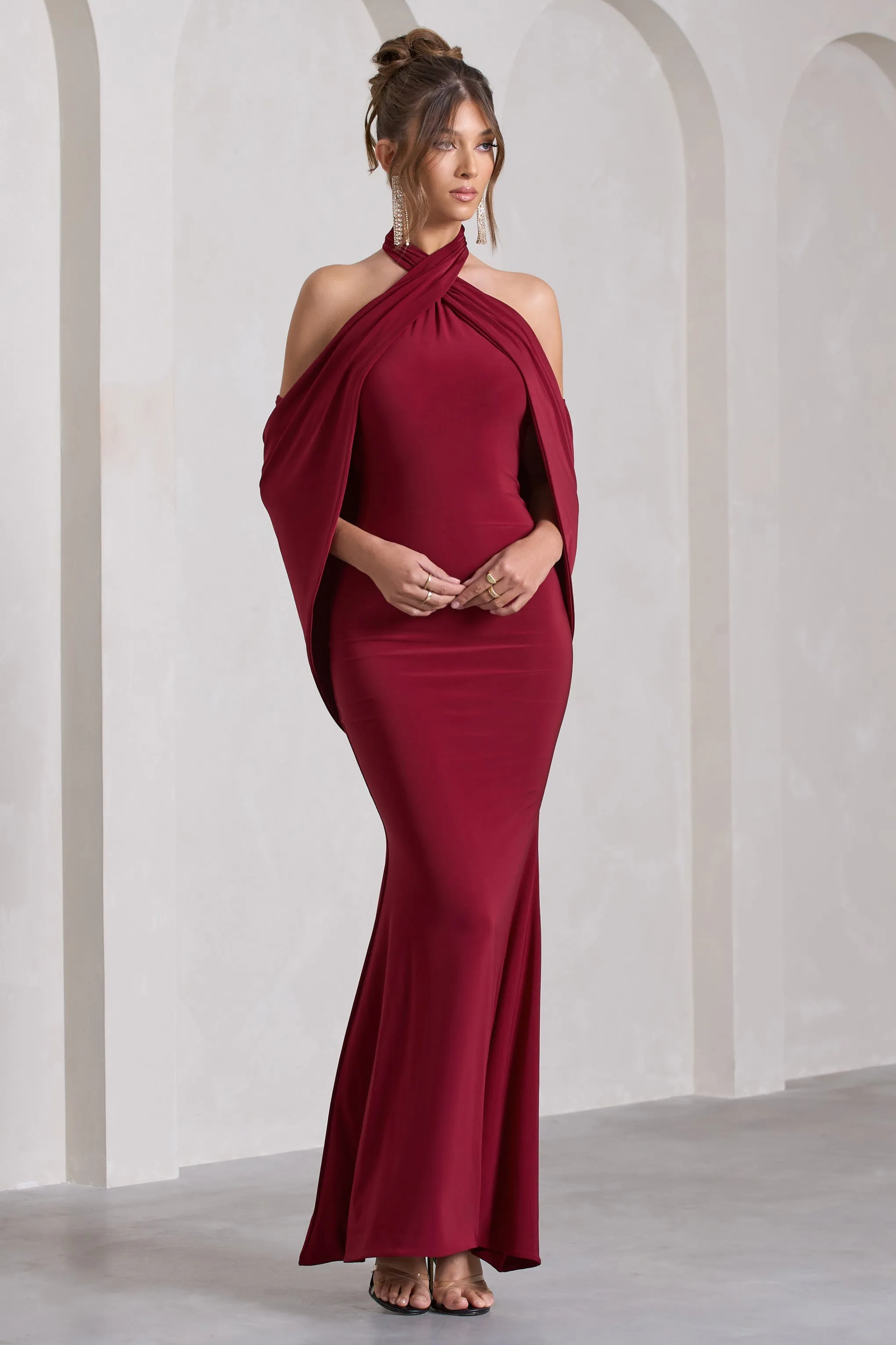 Revelation | Berry Red Crossed Halter-Neck Fishtail Maxi Dress With Cape