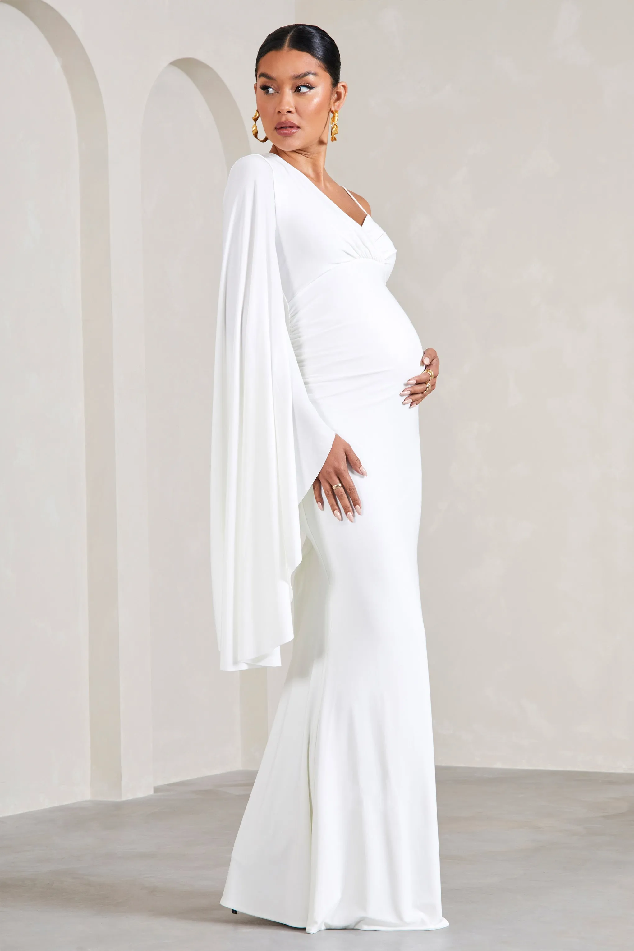 Rhea | White V-Neck Split Maternity Maxi Dress With Cape Sleeve