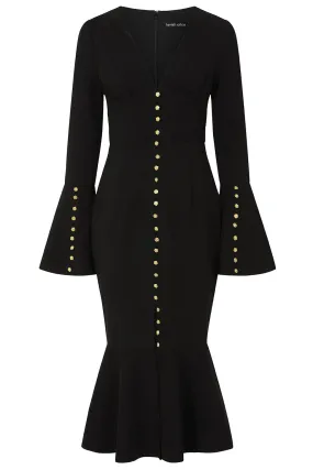 SALMA Fluted Sleeve Rose Button Midi Dress in Black