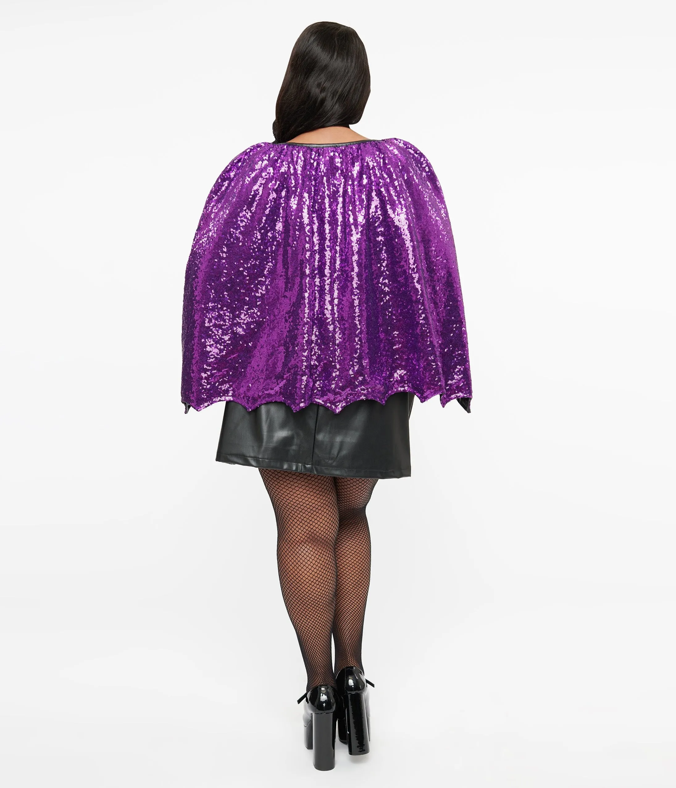 Smak Parlour Plus Size 1960s Black Vinyl & Purple Sequin Cape Shift Dress