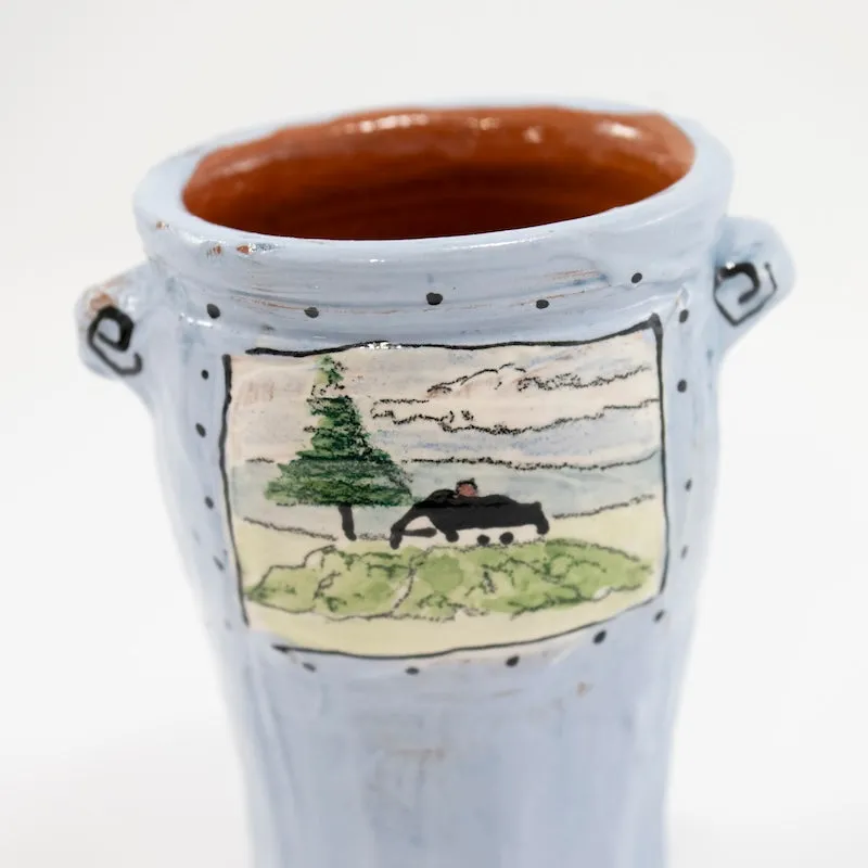 Small Blue Vase with Farm House