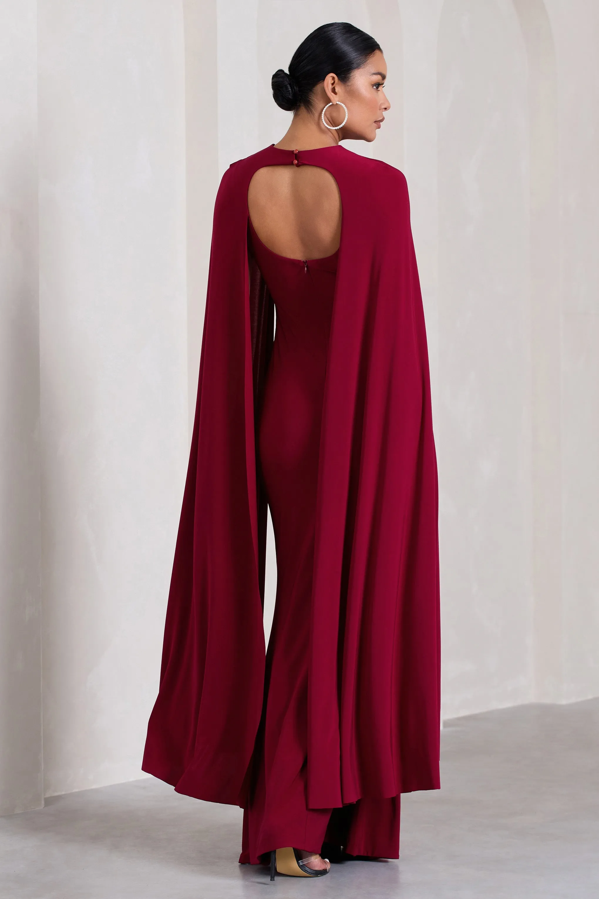 Standing Ovation | Berry Plunge-Neck Cape Maternity Maxi Dress