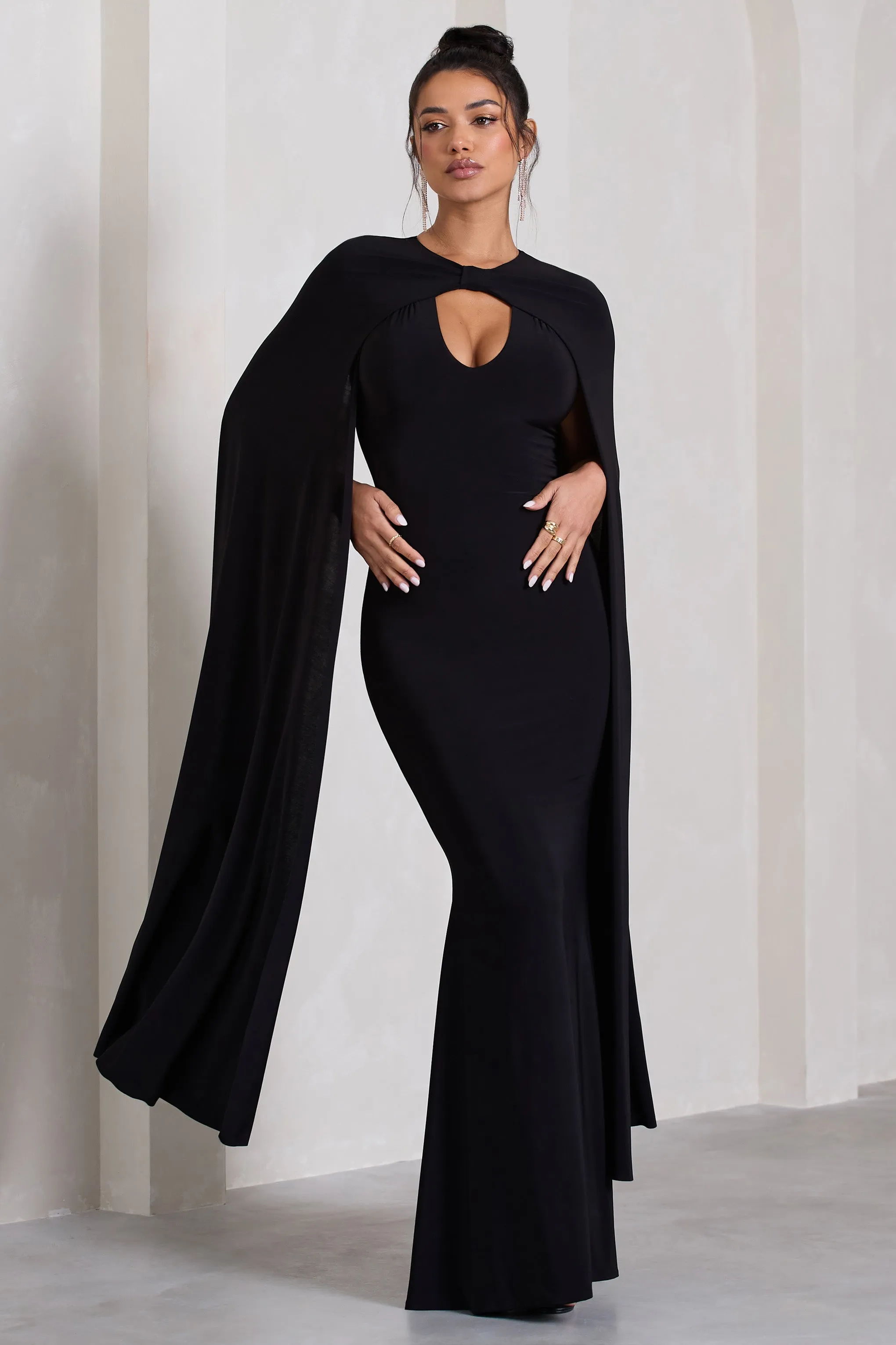 Standing Ovation | Black Plunge-Neck Cape Maxi Dress