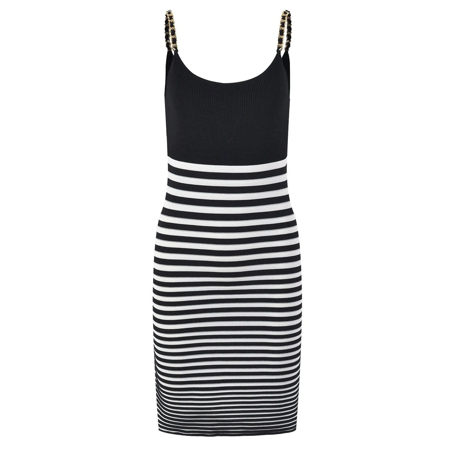 Summer Mini Dress with Chain Straps - Knitted Sheath Bodycon Dress - Marian Striped - Cool Elastic - Women's Summer Fashion