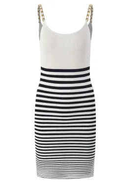 Summer Mini Dress with Chain Straps - Knitted Sheath Bodycon Dress - Marian Striped - Cool Elastic - Women's Summer Fashion