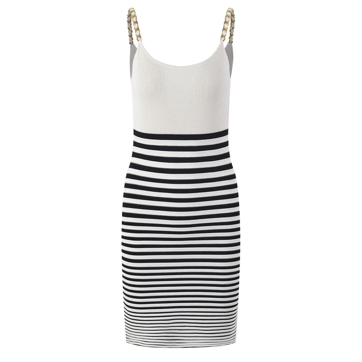 Summer Mini Dress with Chain Straps - Knitted Sheath Bodycon Dress - Marian Striped - Cool Elastic - Women's Summer Fashion