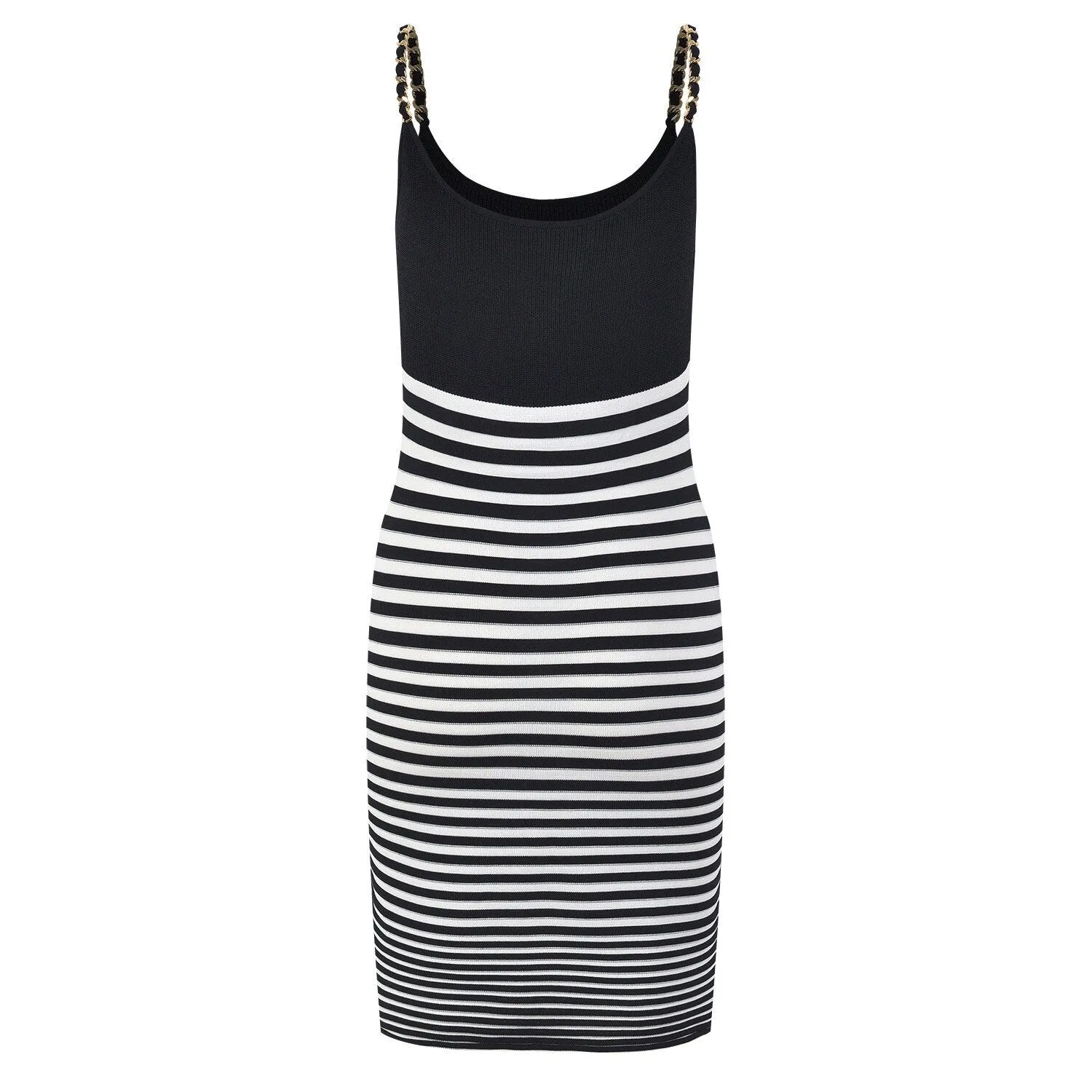 Summer Mini Dress with Chain Straps - Knitted Sheath Bodycon Dress - Marian Striped - Cool Elastic - Women's Summer Fashion