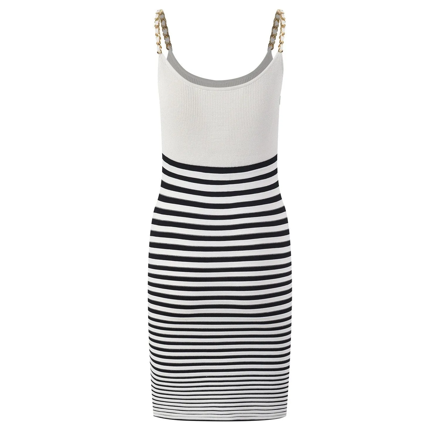 Summer Mini Dress with Chain Straps - Knitted Sheath Bodycon Dress - Marian Striped - Cool Elastic - Women's Summer Fashion