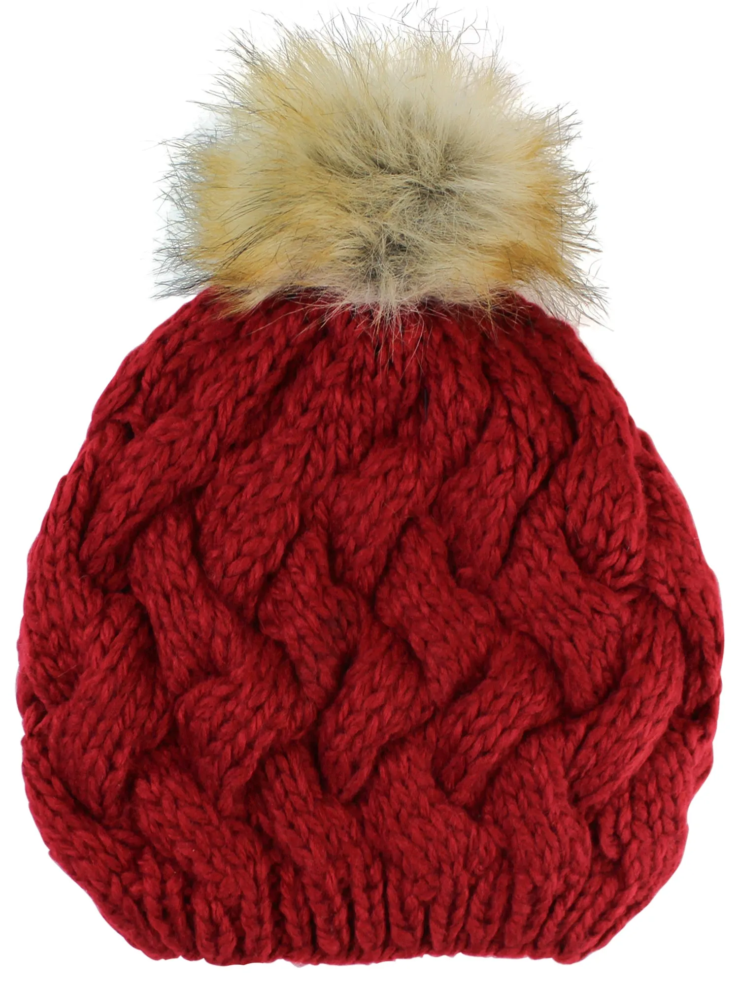 Thick Knit Beret Beanie Hat With Fur Pom Pom