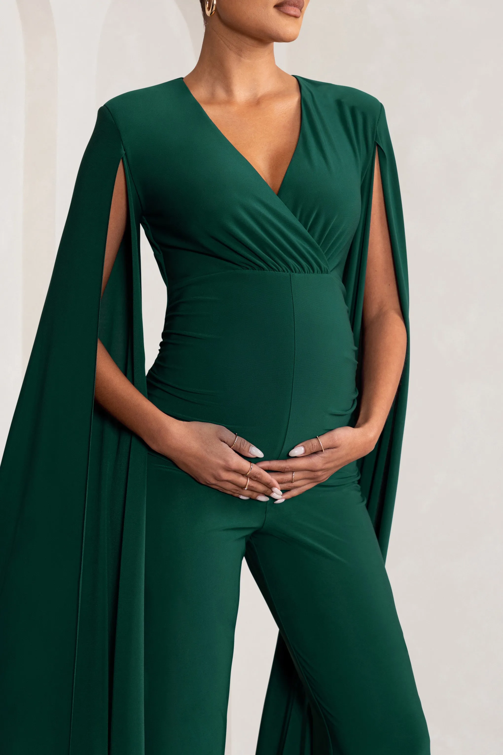 Triumph | Bottle Green Plunge Neck Maternity Jumpsuit with Cape Sleeves