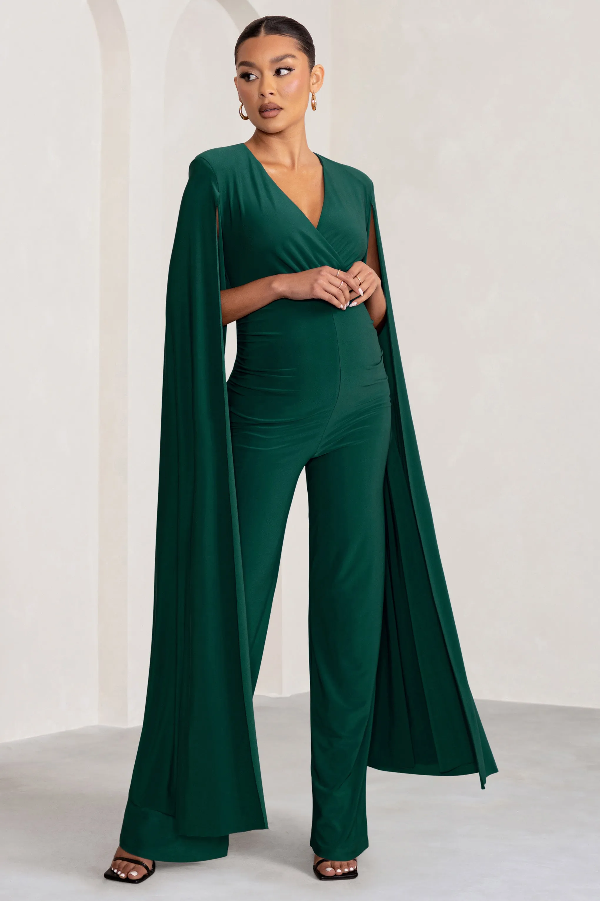 Triumph | Bottle Green Plunge Neck Maternity Jumpsuit with Cape Sleeves