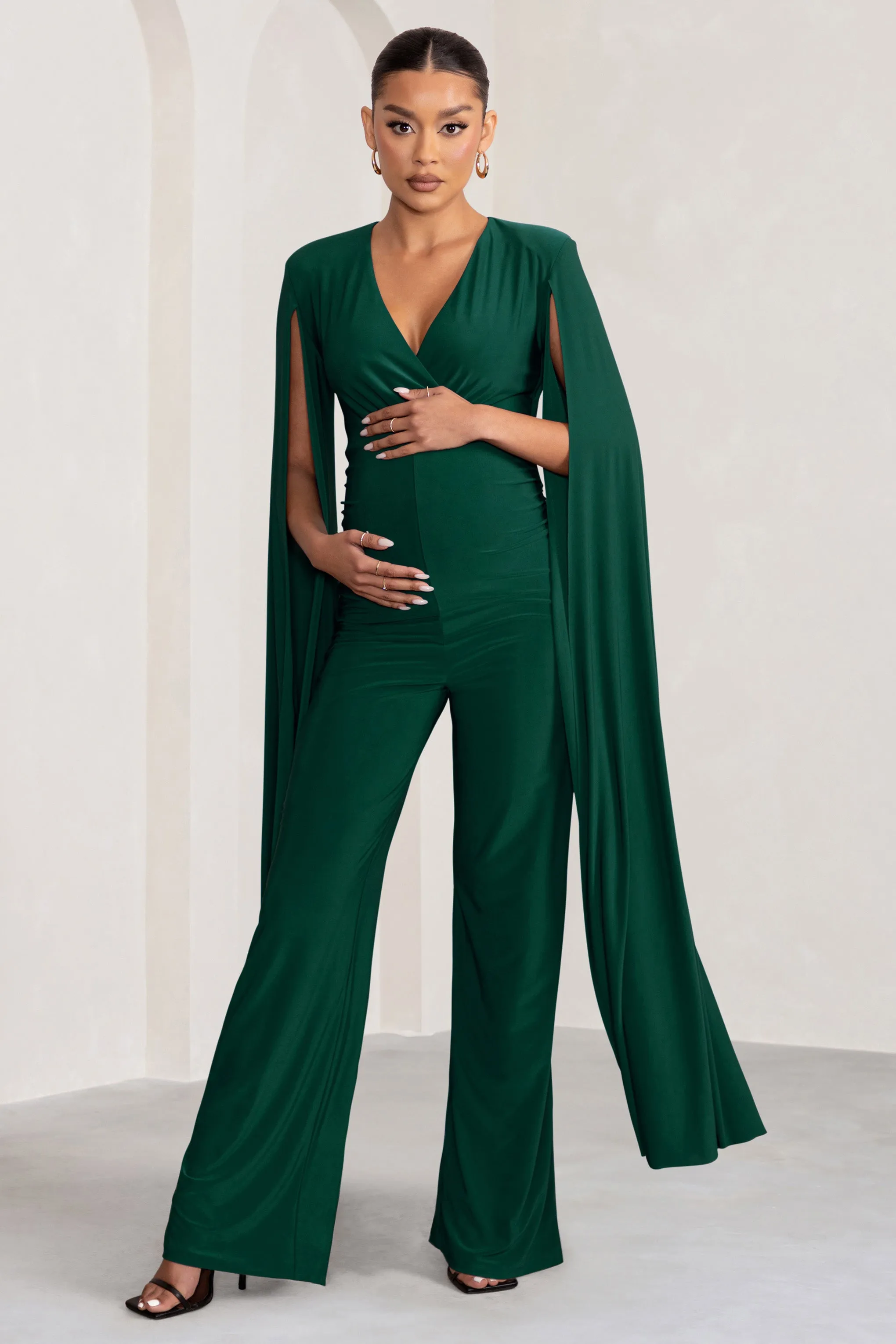 Triumph | Bottle Green Plunge Neck Maternity Jumpsuit with Cape Sleeves