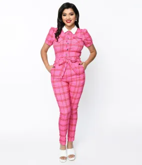 Unique Vintage 1970s Pink & Red Plaid Skinny Leg Bexley Jumpsuit