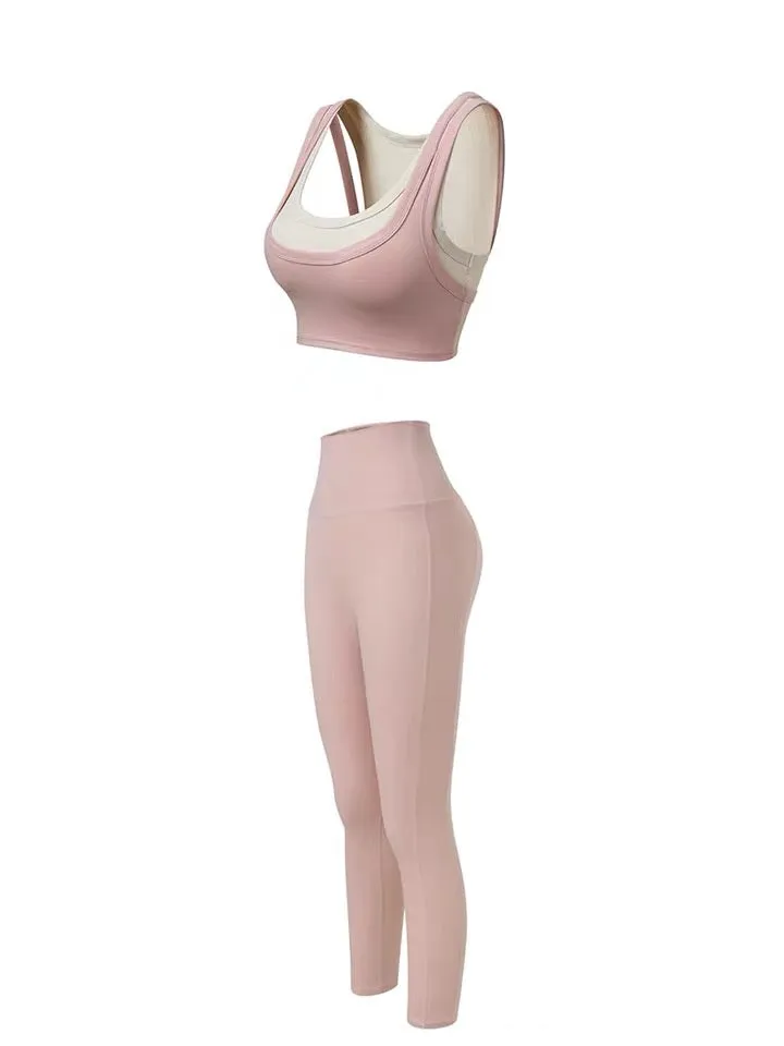 White and Pink Yoga Pants and Tops Set for Sportswear