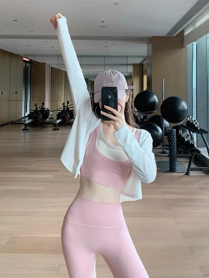 White and Pink Yoga Pants and Tops Set for Sportswear