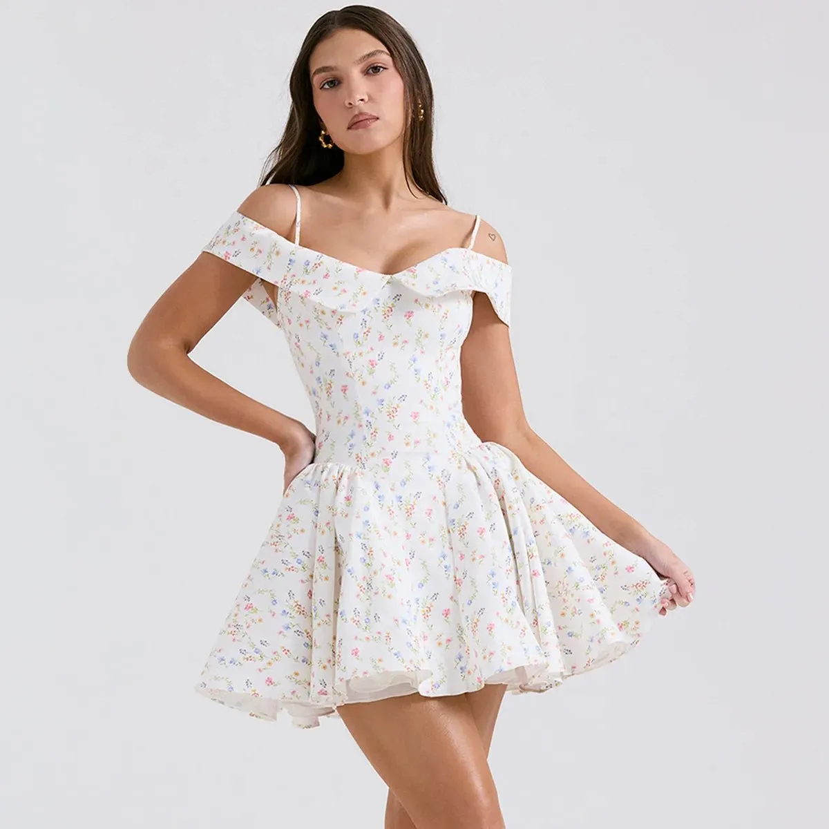 White flower print corset dress