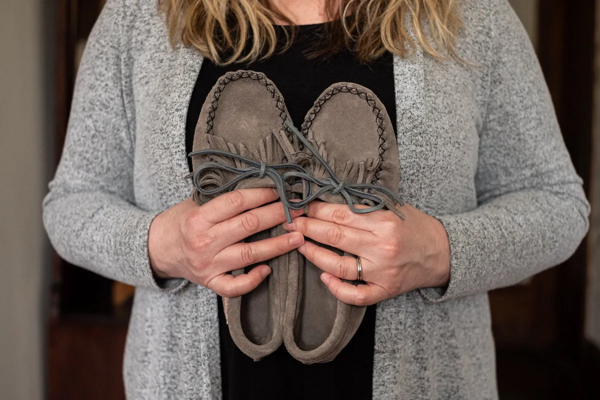 Women's Gray Suede Moccasins with Fringe and Soft Sole