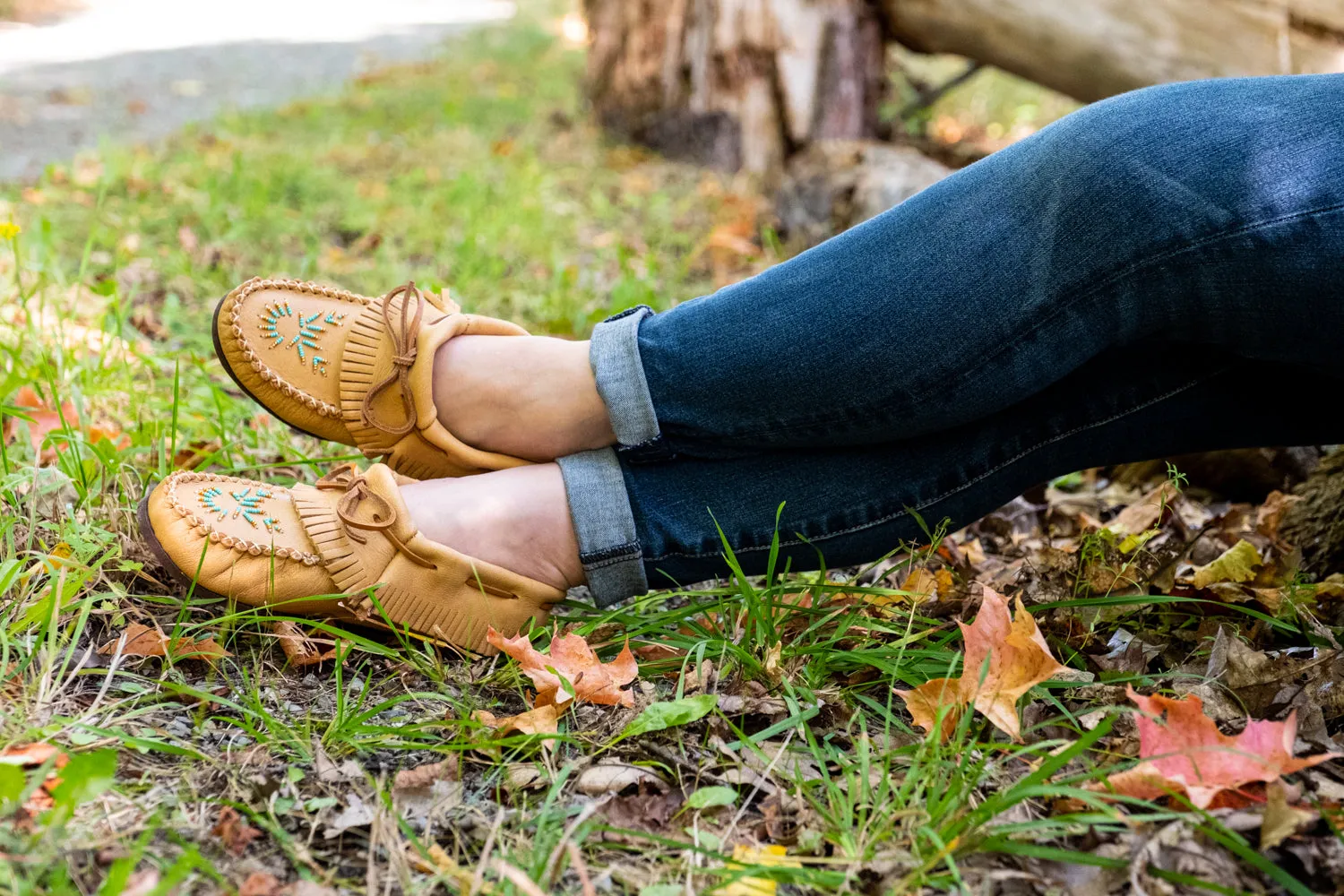 Women's Moose Hide Leather Fringed Moccasins with Rubber Sole