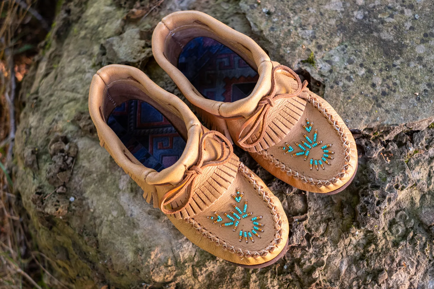 Women's Moose Hide Leather Fringed Moccasins with Rubber Sole