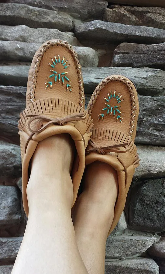 Women's Moose Hide Leather Fringed Moccasins with Rubber Sole