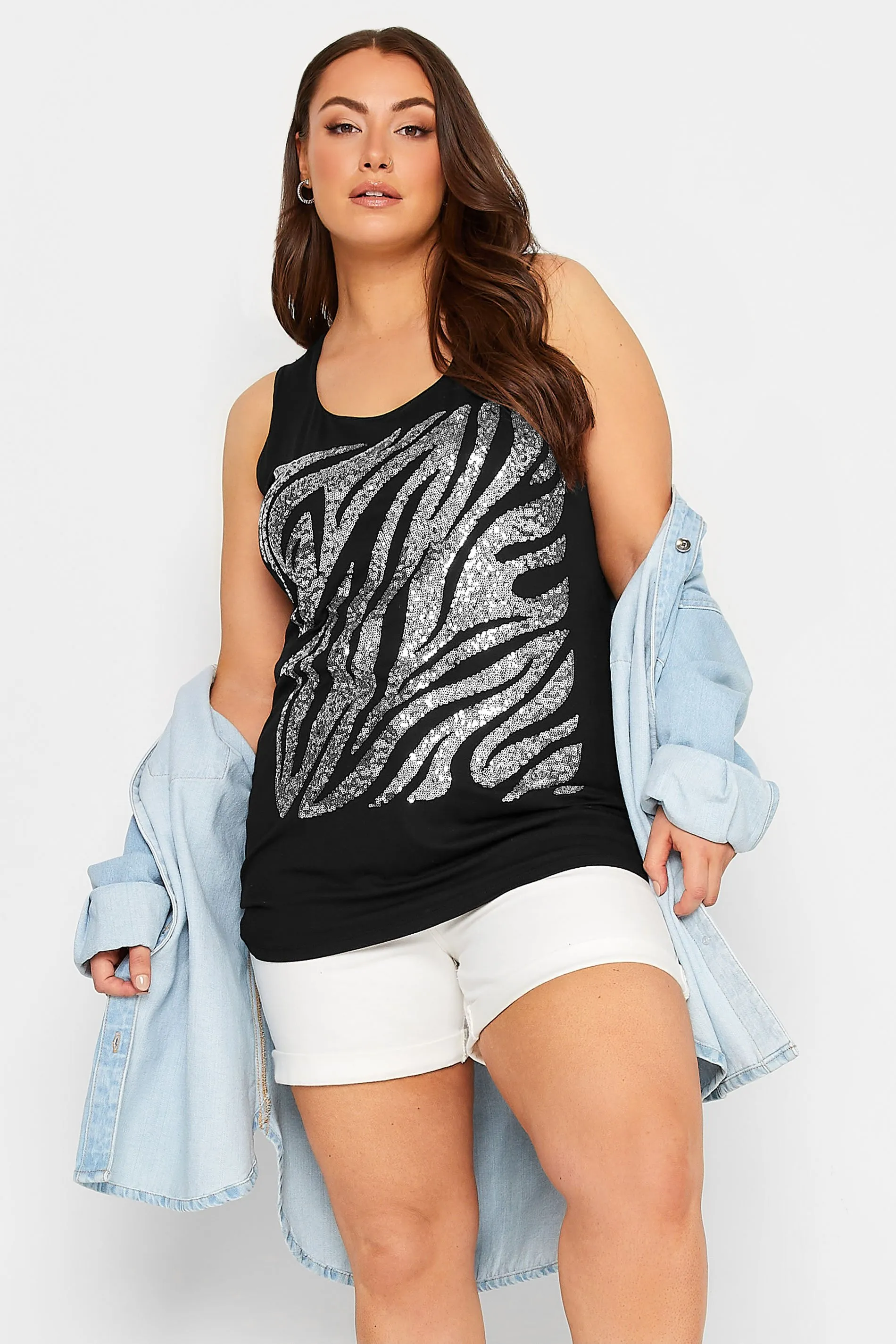 YOURS Curve Black Zebra Print Sequin Vest Top