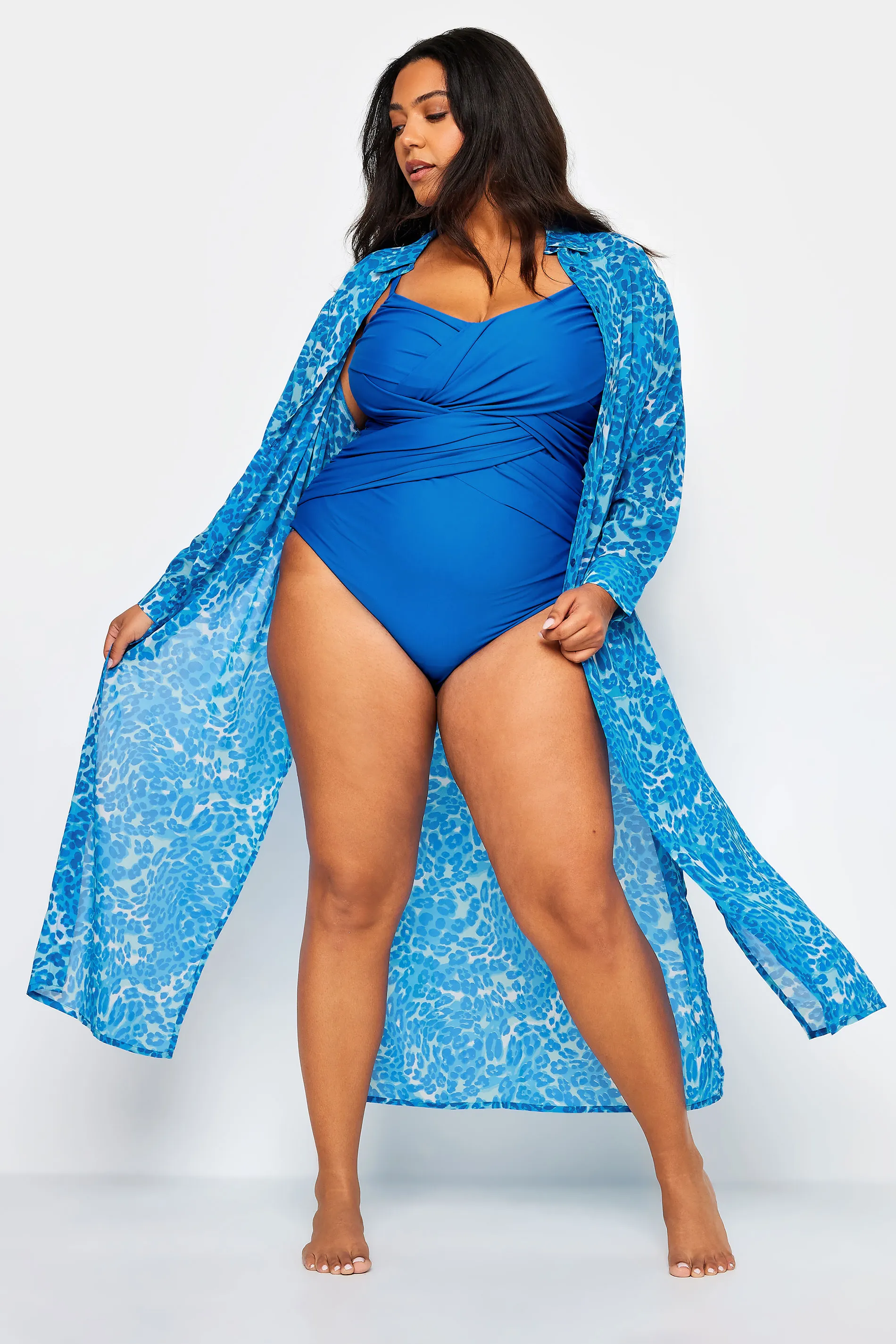 YOURS Curve Blue Leopard Print Longline Beach Shirt