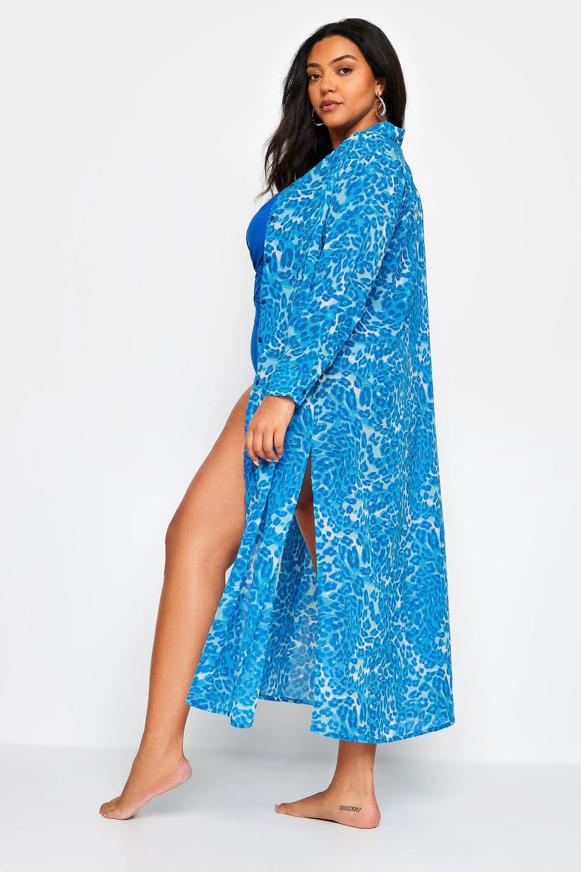 YOURS Curve Blue Leopard Print Longline Beach Shirt