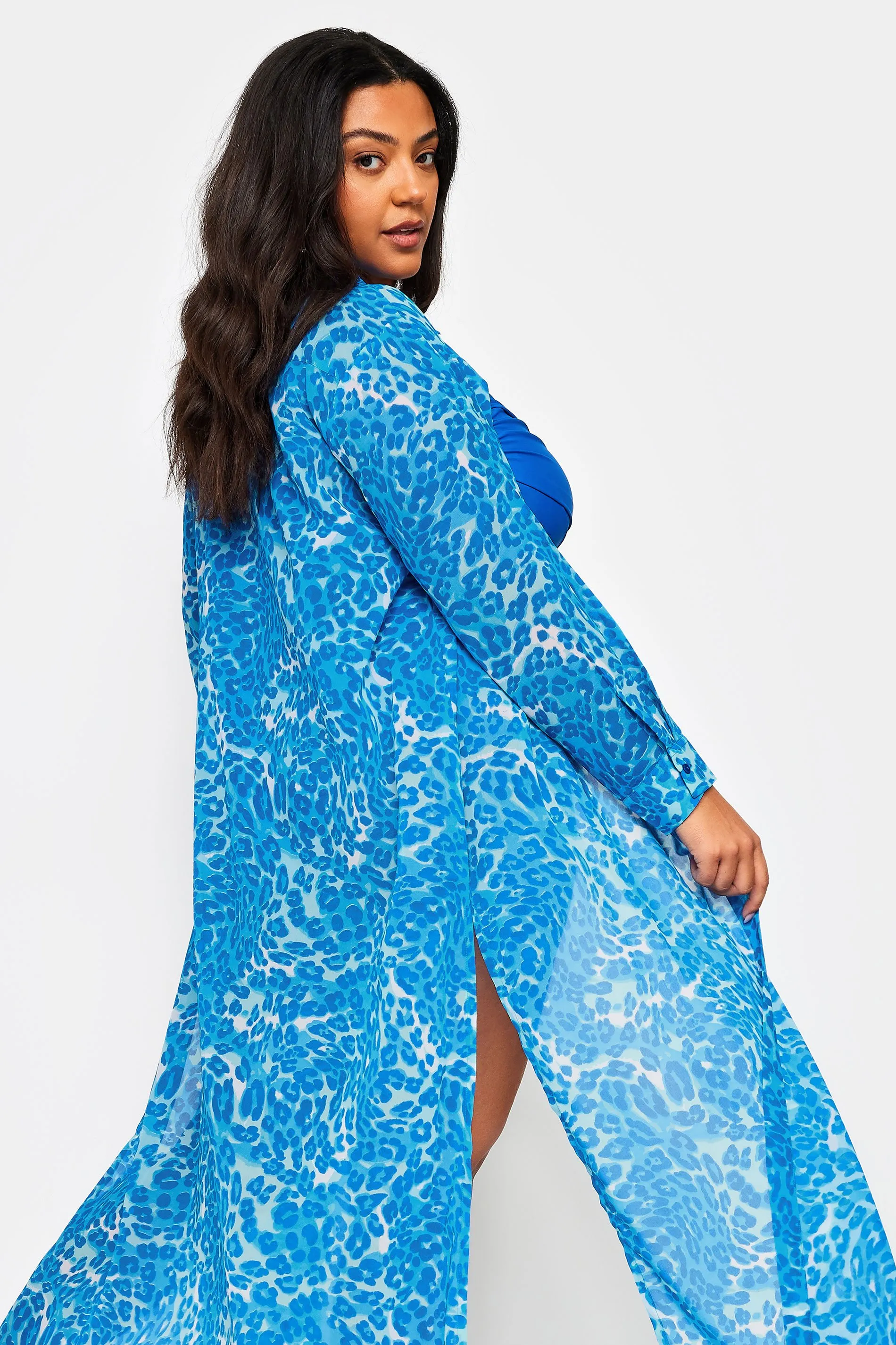 YOURS Curve Blue Leopard Print Longline Beach Shirt