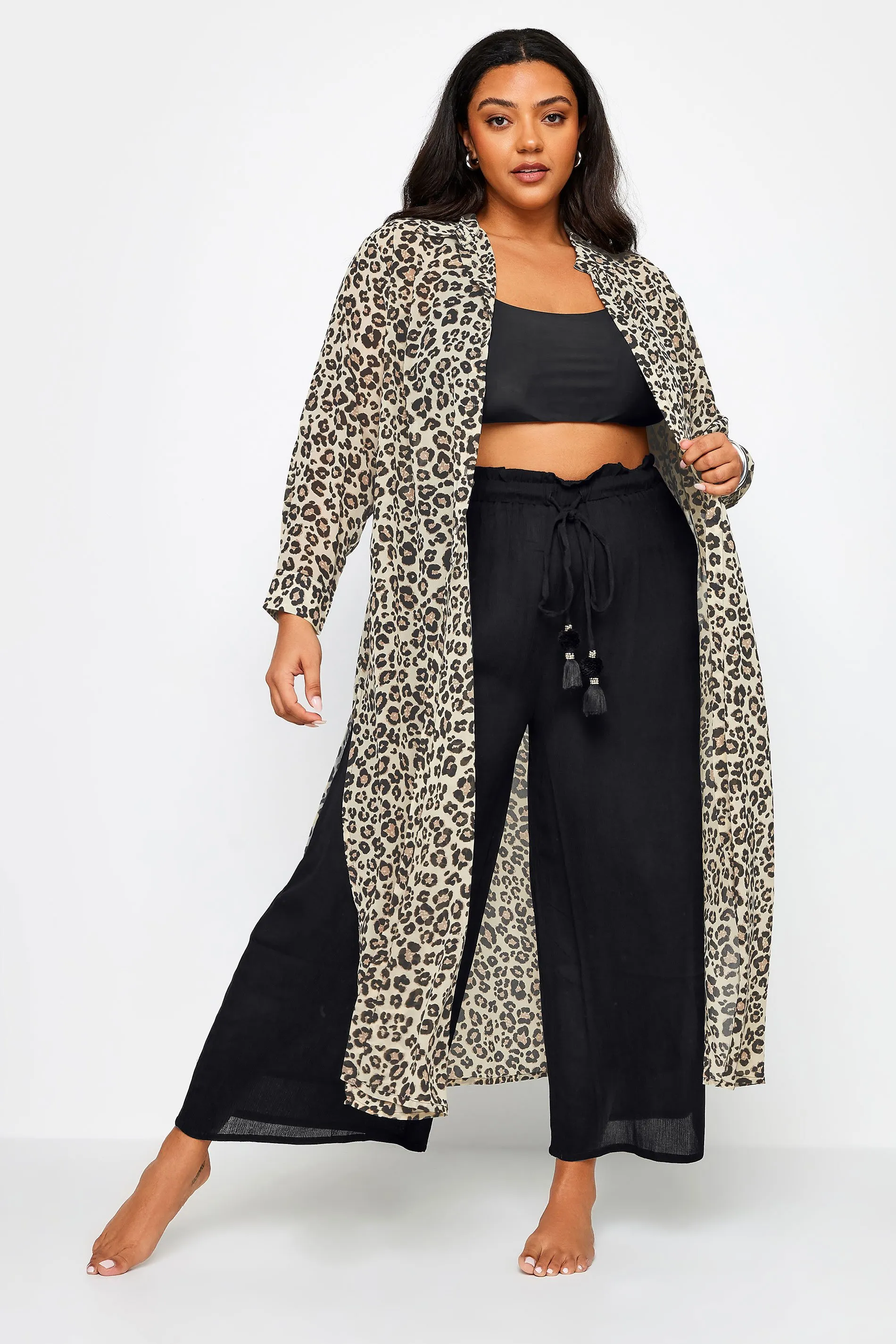 YOURS Curve Natural Brown Leopard Print Longline Beach Shirt