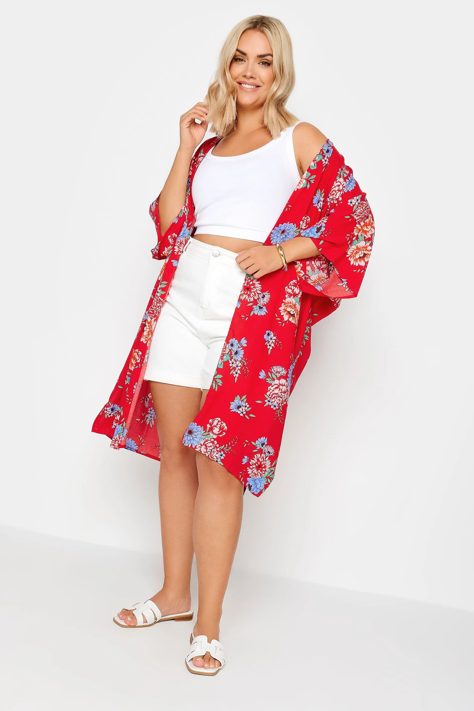 YOURS Curve Red Floral Print Longline Kimono