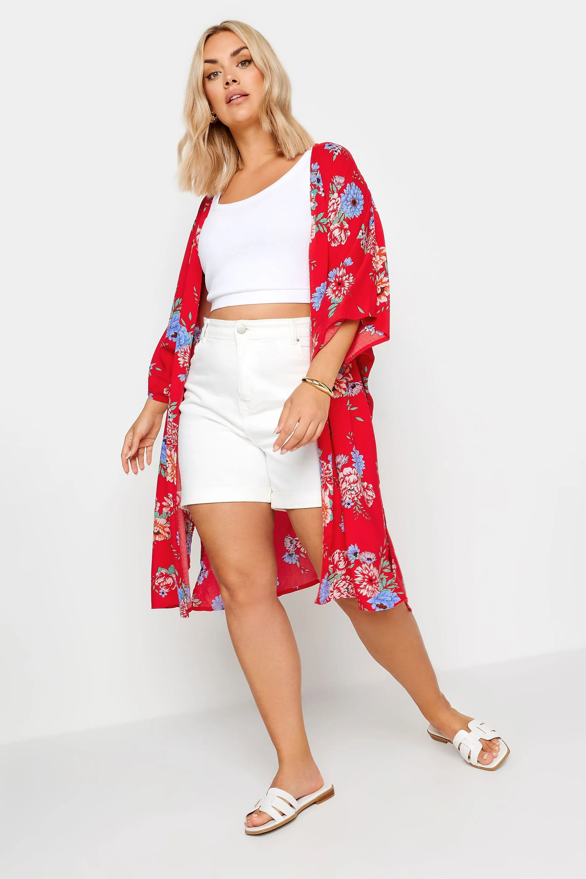 YOURS Curve Red Floral Print Longline Kimono