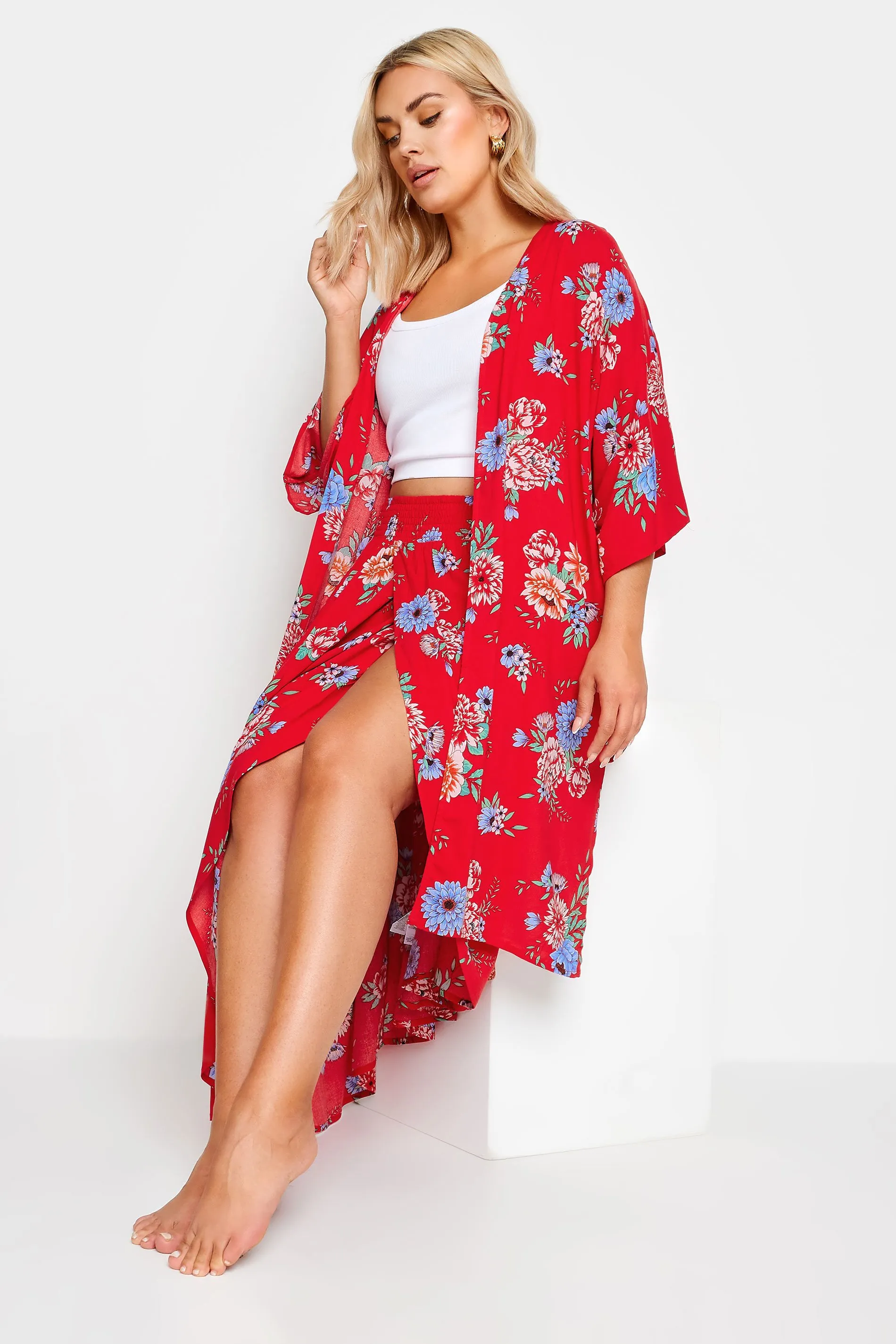 YOURS Curve Red Floral Print Longline Kimono