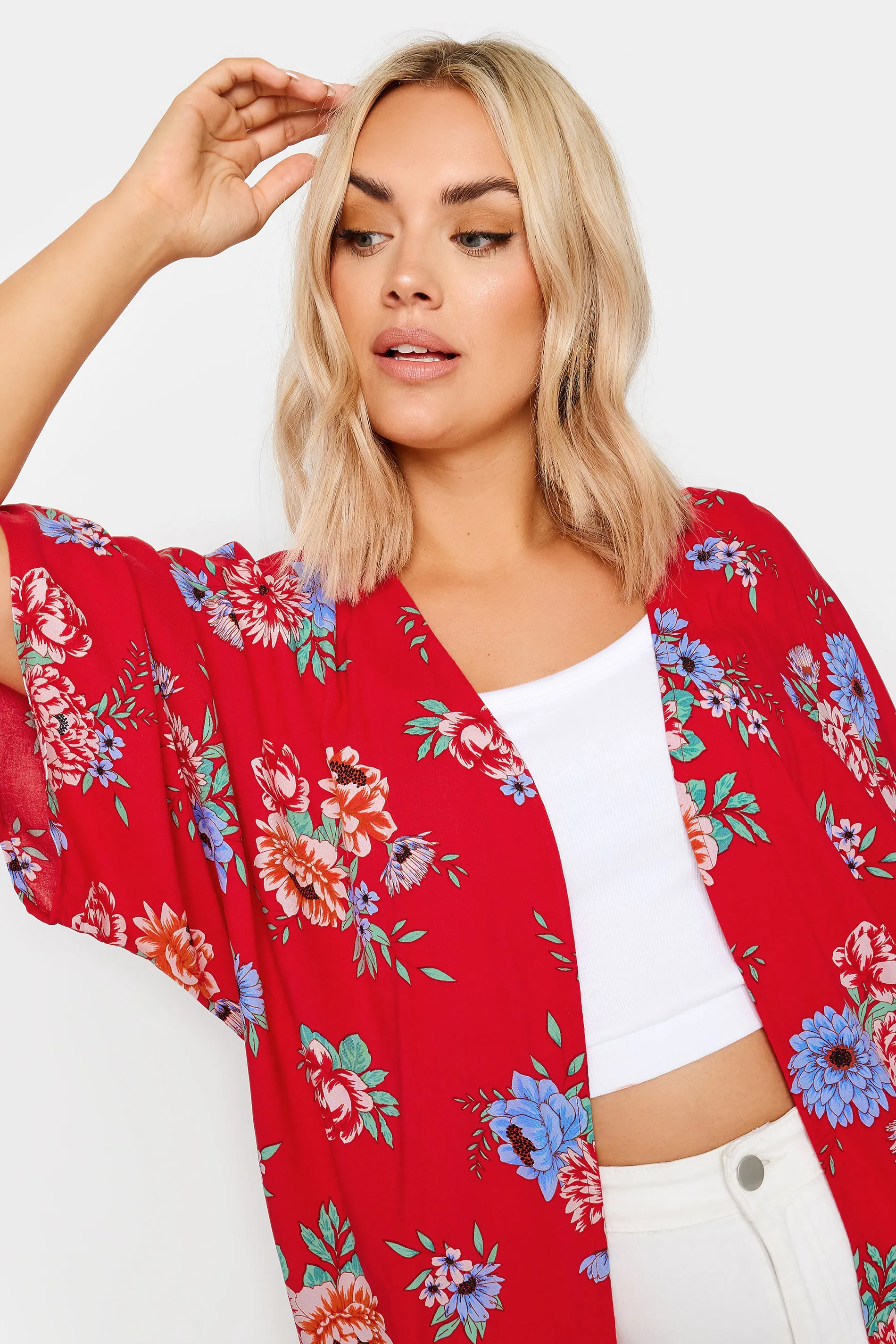 YOURS Curve Red Floral Print Longline Kimono