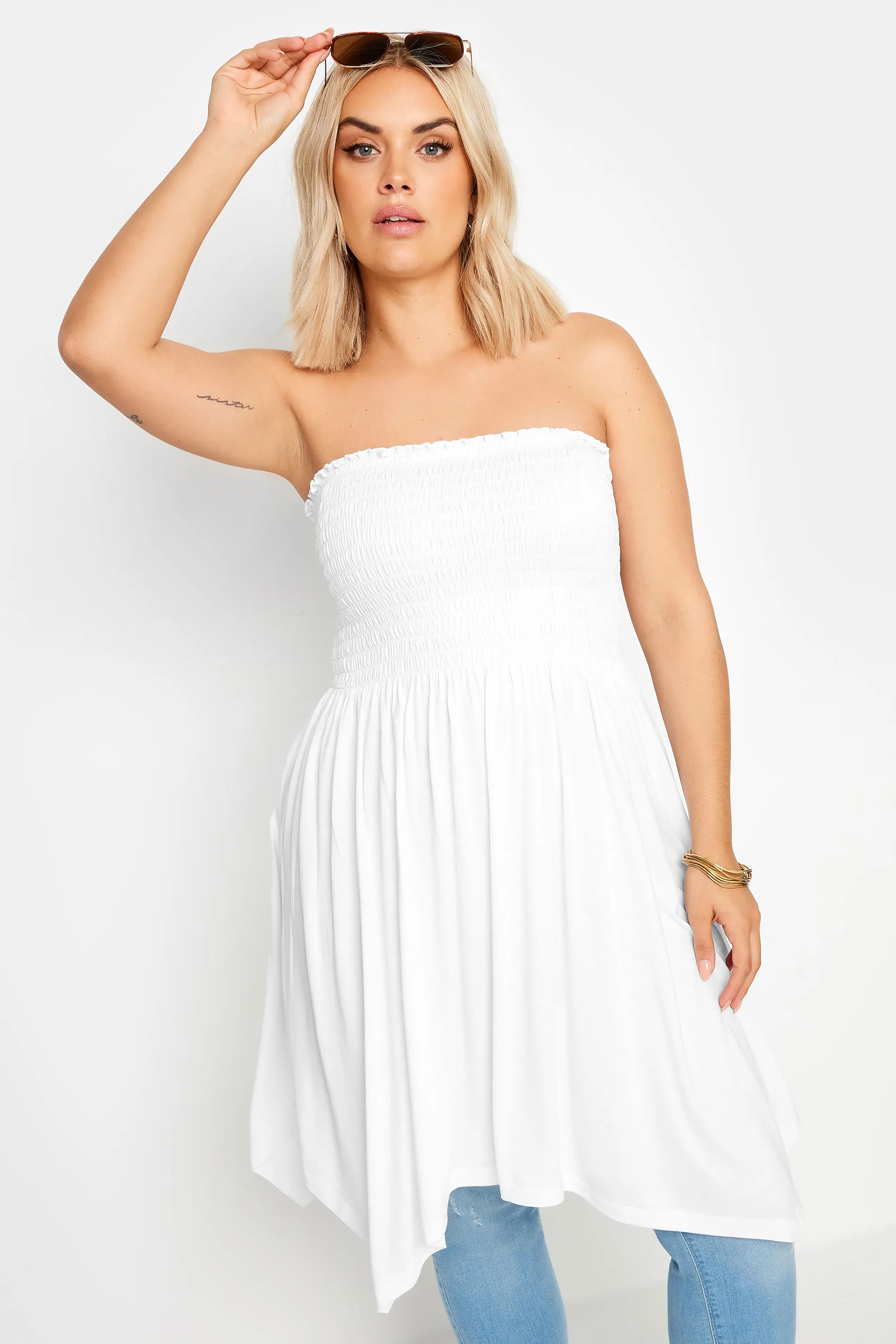 YOURS Curve White Shirred Bandeau Longline Top