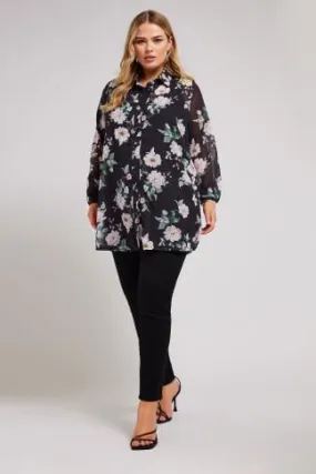 YOURS LONDON Curve Black Floral Mesh Longline Shirt