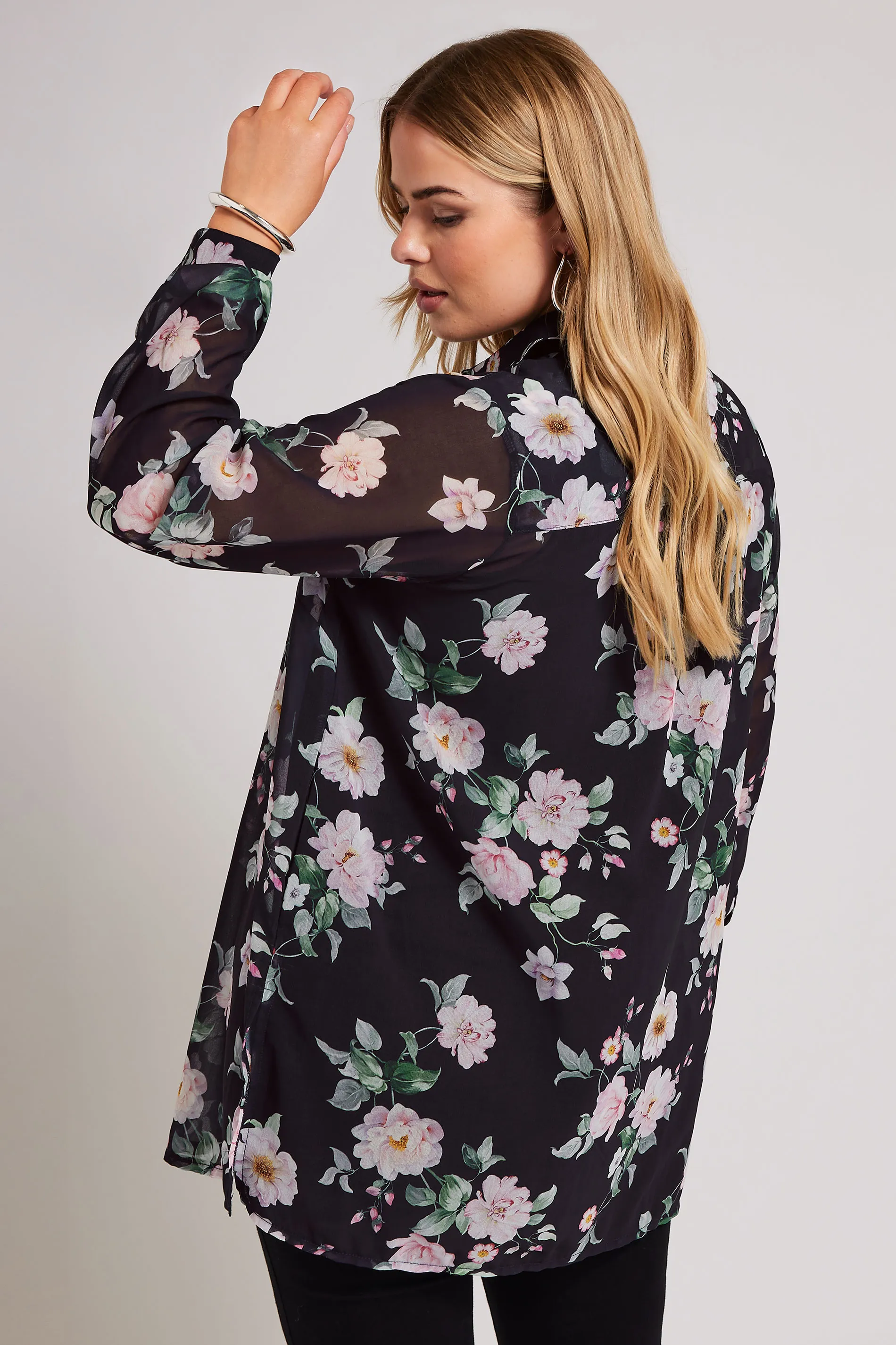 YOURS LONDON Curve Black Floral Mesh Longline Shirt