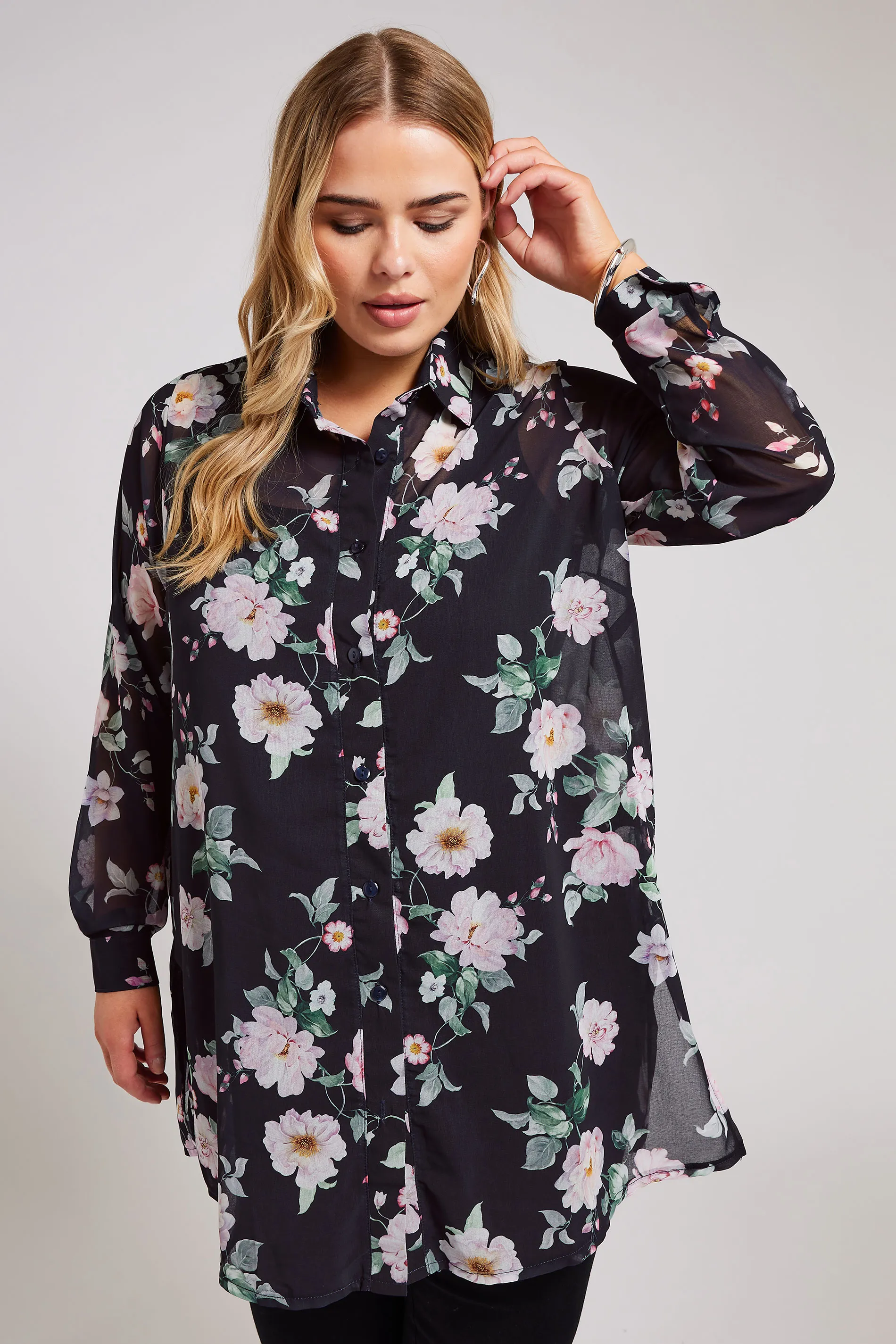 YOURS LONDON Curve Black Floral Mesh Longline Shirt